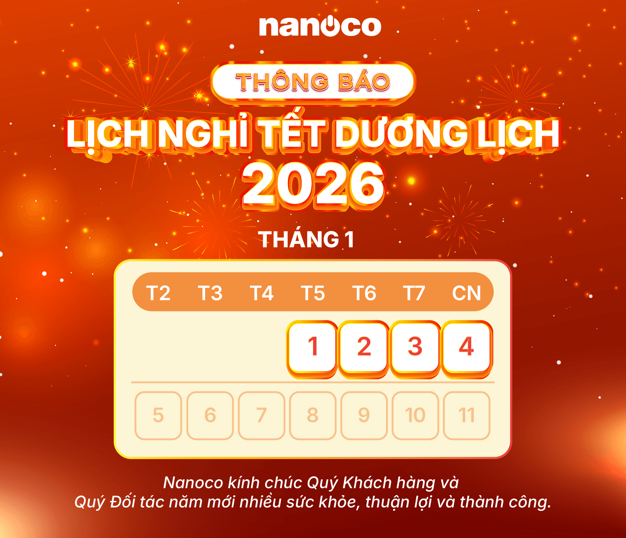 NANOCO THÔNG BÁO LỊCH NGHỈ TẾT DƯƠNG LỊCH 2026